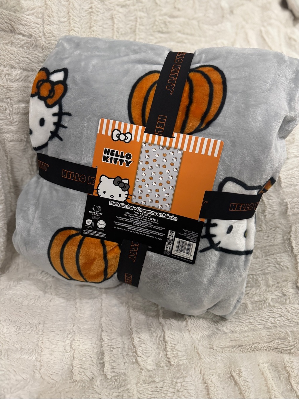 Twin Size Hello Kitty Gray Plush Throw Blanket with Orange Pumpkin Accents